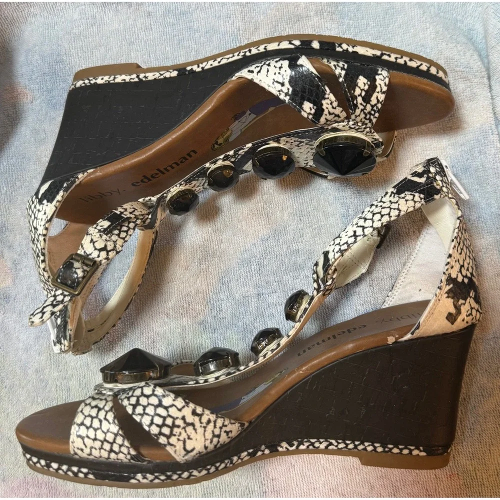 Libby Edelman L-BANI‎ Snakeskin Print Gemstone Embellished Wedge Sandals 7.5M